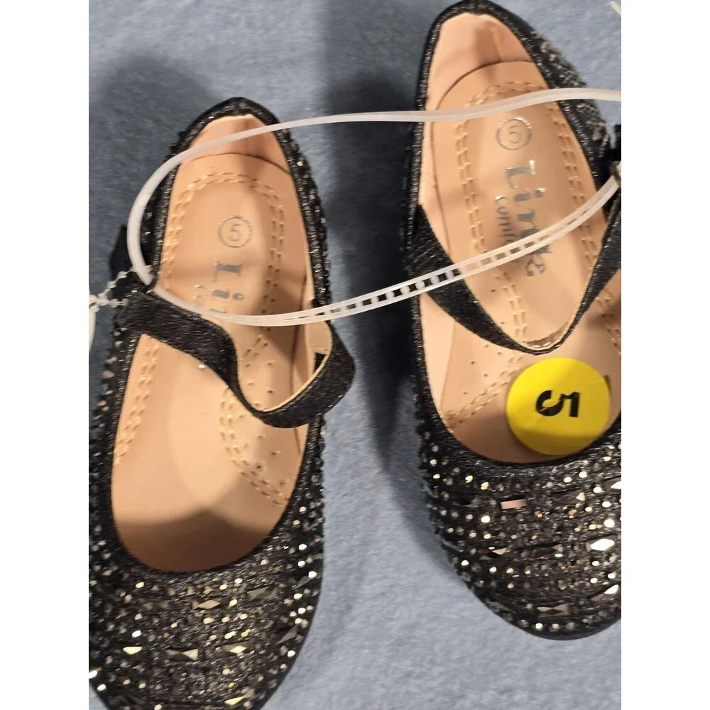 Link Comfort Girls Embellished Black Sparkly Rhinestone Mary Jane Ballet Flats 5
